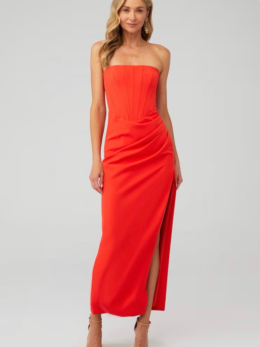 Bardot Strapless Orange-Red Midi Dress with Side Slit